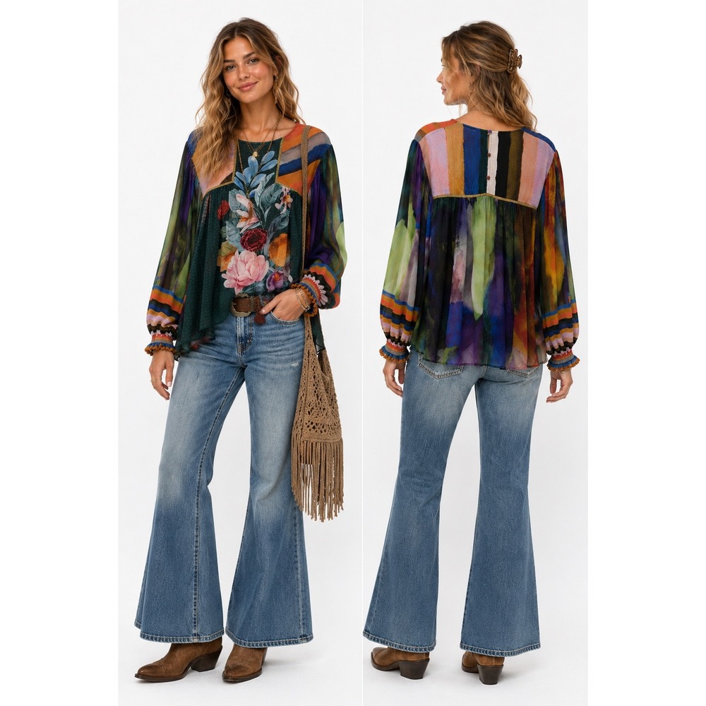 Blank London Floral Stripe Blouse Medium Multicolored Boho Viscose Top